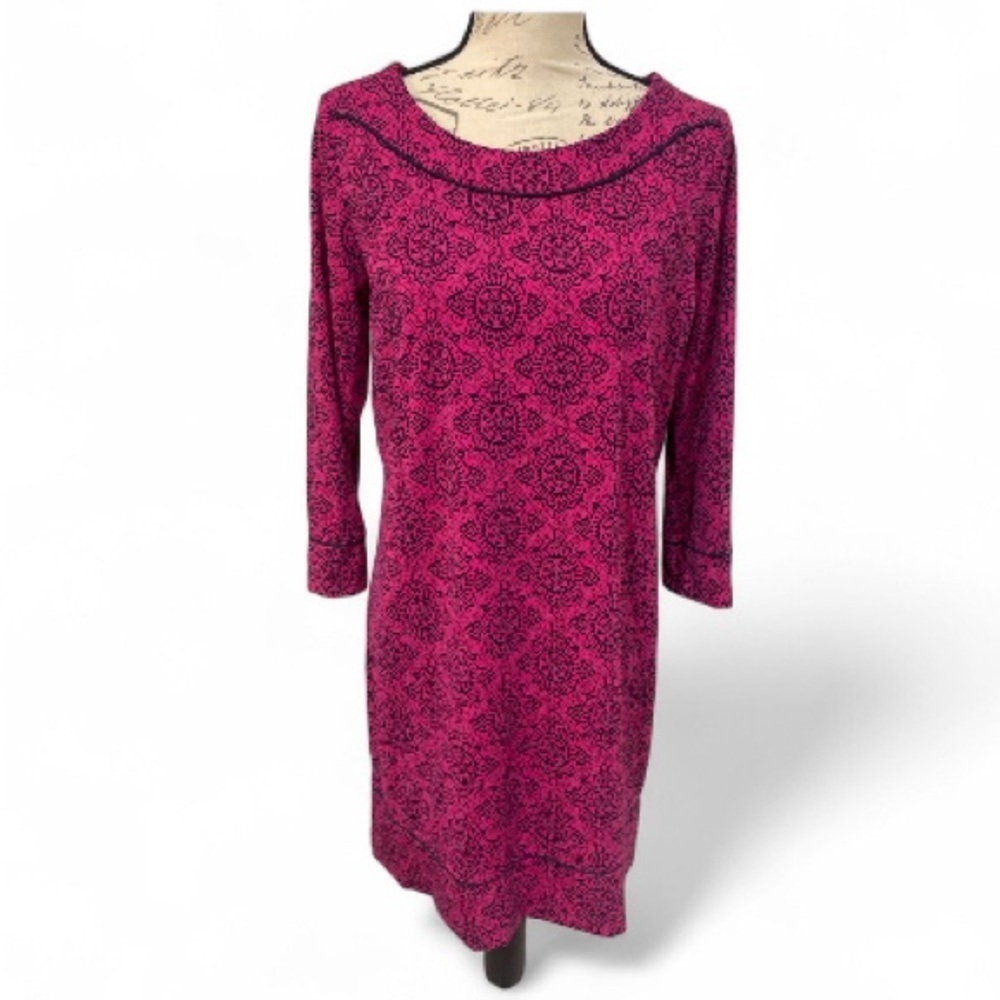 Lands’ End Pink & Black Print Knit Dress – 3/4 Sleeve – Size Medium EUC